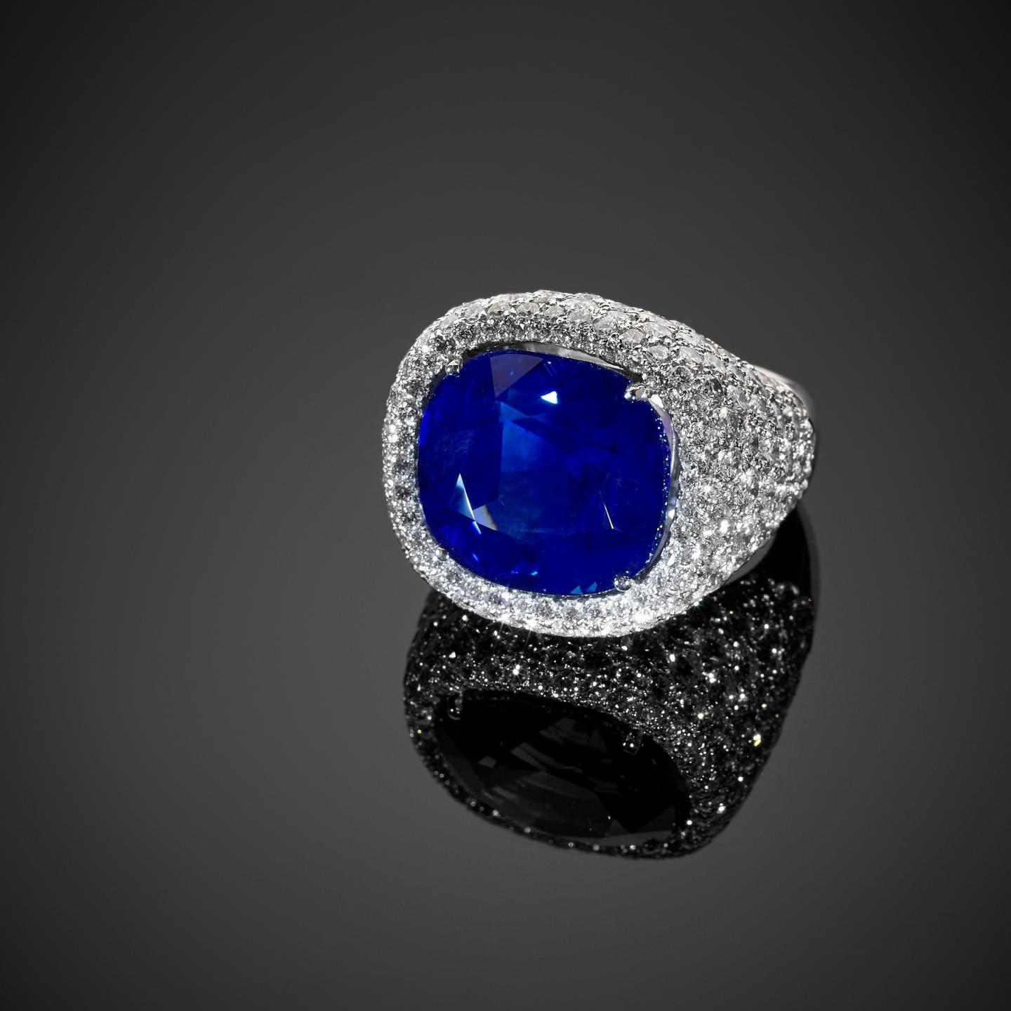 A Kashmir Sapphire and diamond ring weighing 12.43 carats (est  $1,200,000-1,800,000) as part of the Magnificent Jewels and Noble Jewels at  the Sotheby's Press Preview for the Royal Jewels from the Bourbon