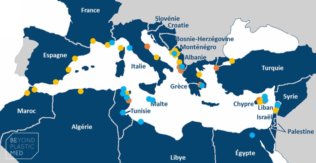 Le réseau BeMed qui s’étend aujourd’hui dans 15 pays différents pour un total de 54 projets soutenus. Les points jaunes indiquent la localisation des organisations soutenues, les points orange, les organisations soutenues deux fois et les points bleus, les actions sélectionnées en 2020.