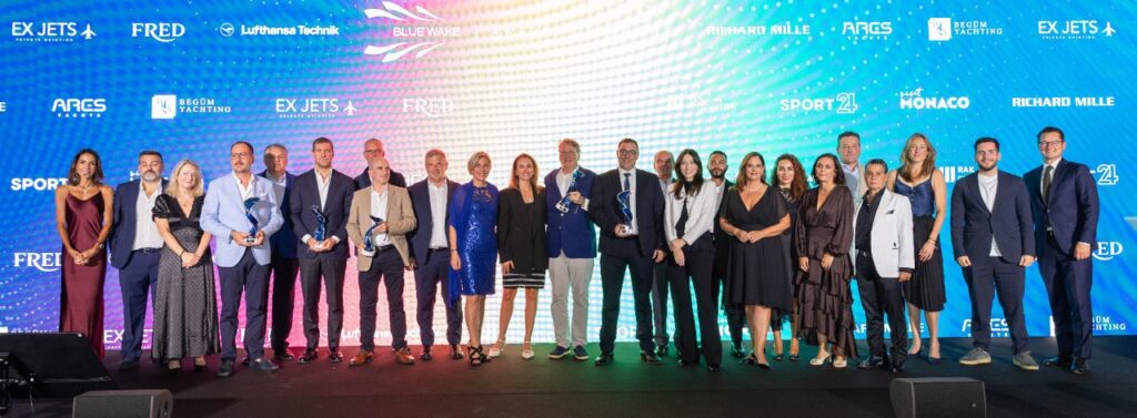 The winners of the Blue Wake Awards. Tykun (Tenders / Water Toys category), Tai Ping (Luxury Products & Services), Deasyl (Nautical Supplier), Sanlorenzo (Refit / Builder Shipyard), Reduce catamaran by Silver Yachts (Special Jury Prize) © MYS 