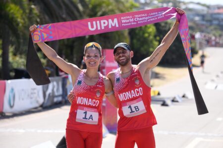 Julia Dale et Geoffrey Delusier ont remporté l'or en Laser Run relais mixte seniors © UIPM - DR