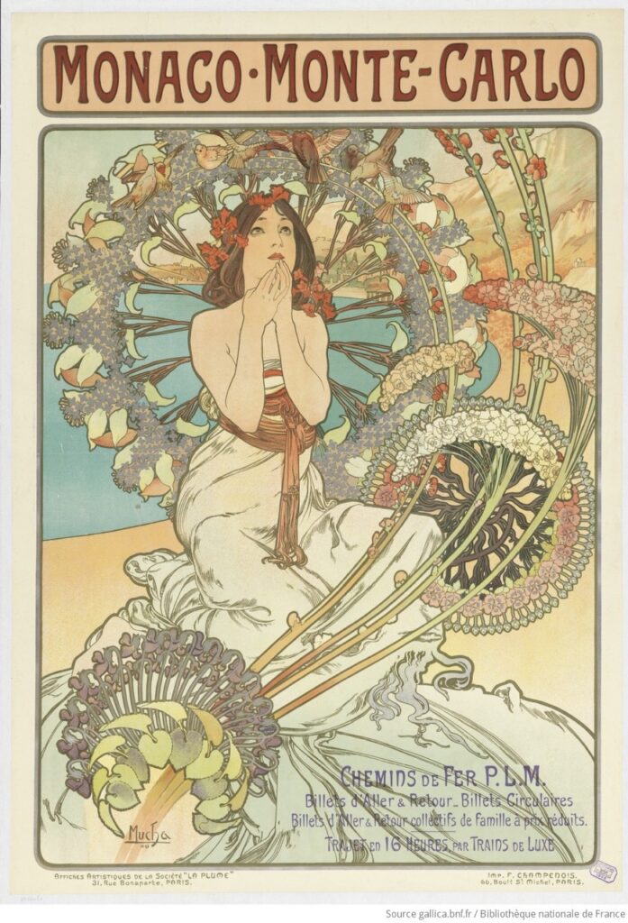 L'affiche de Monaco - Monte-Carlo d'Alphonse Mucha, daté de 1897, marquée du tampon des chemins de fer PLM © Bibliothèque Nationale de France